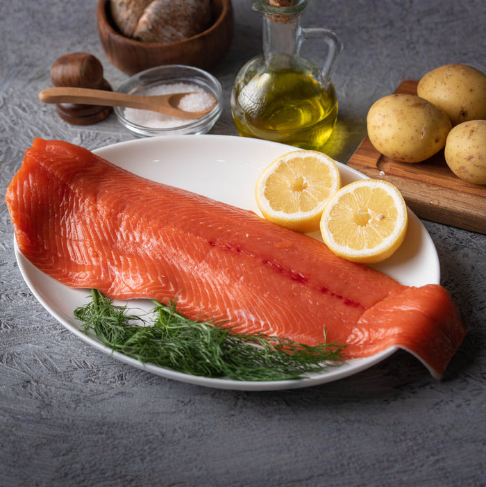 Whole Sockeye Salmon Fillet on White Plate